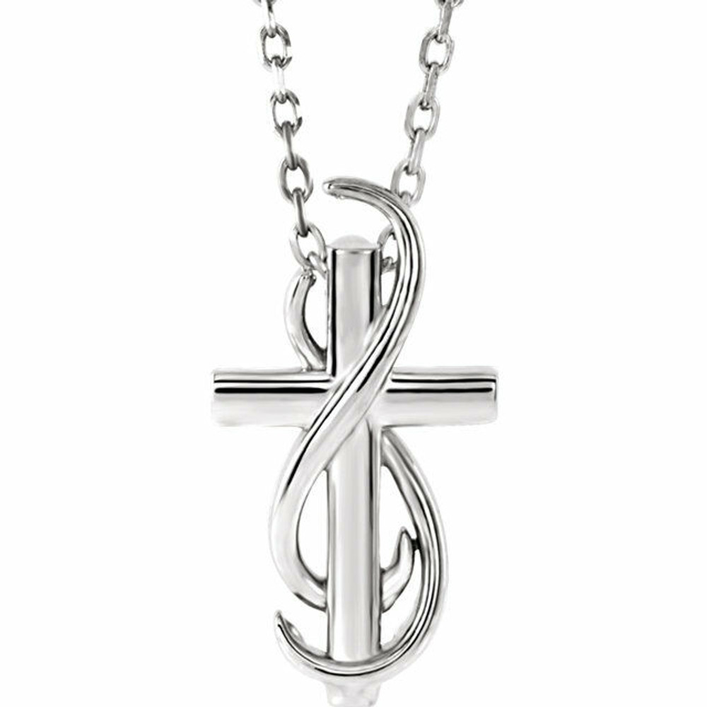 Cross pendant in sterling silver has an elegant design and measures 8.00x14.95mm and has a bright polish to shine. 