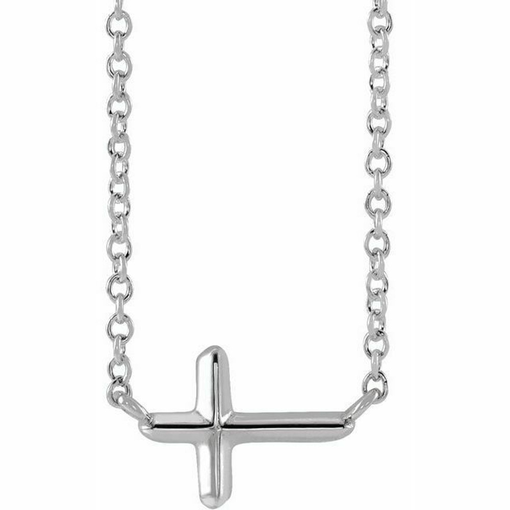 Simple and stylish, this sideways cross necklace is as much about faith as it is fashion. Crafted in warm sterling silver, this necklace features a small traditional cross turned on its side and slightly offset along a polished link chain. This pendant comes in 16 and 18 inches. Just send us a message if you would like a 16 or a 18 inch chain. 