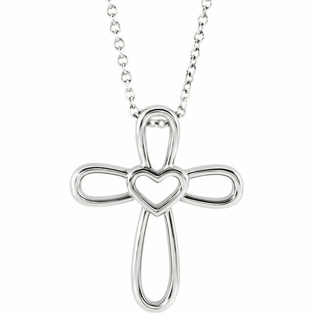 This open heart cross necklace has an elegant design in sterling silver. Polished to a brilliant shine.