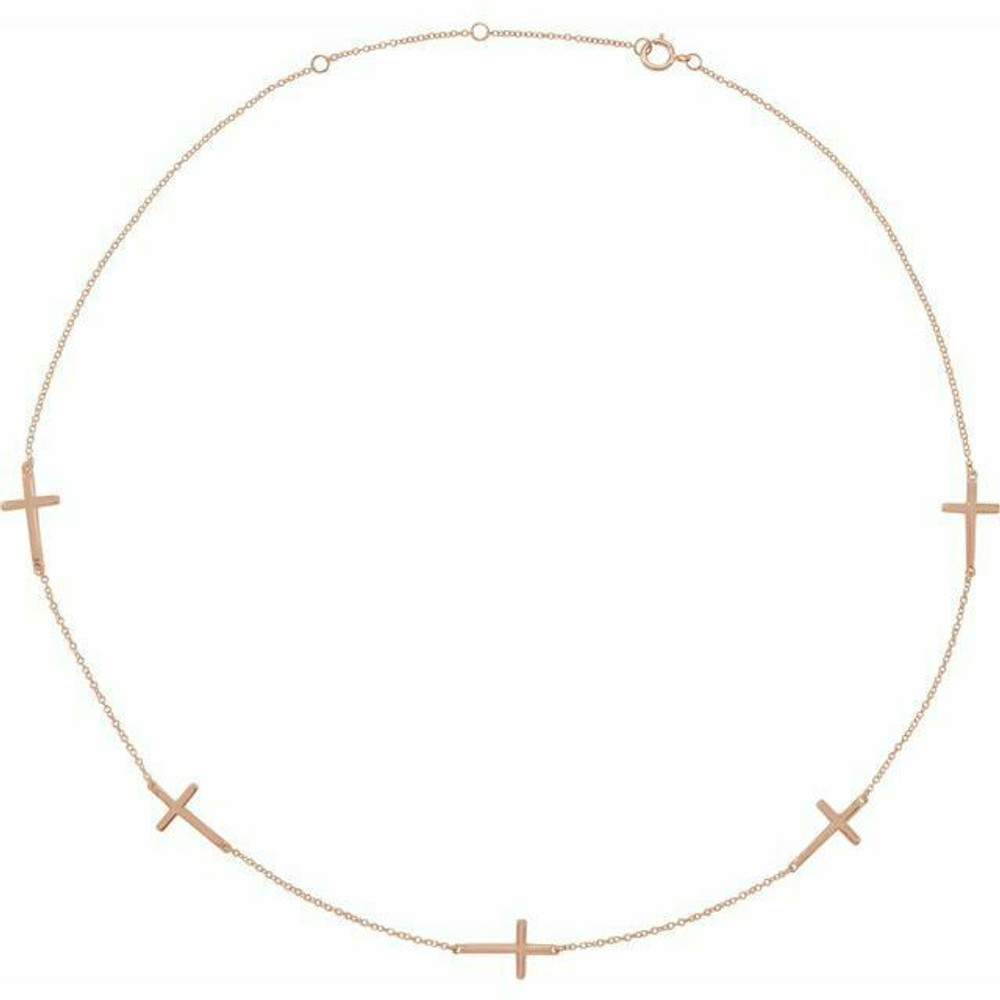 Inspiring and eye-catching, this 5 station cross showcases beautiful 14k rose gold with a 16-18" adjustable chain. Polished to a brilliant shine.