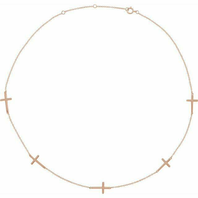 Inspiring and eye-catching, this 5 station cross showcases beautiful 14k rose gold with a 16-18" adjustable chain. Polished to a brilliant shine.