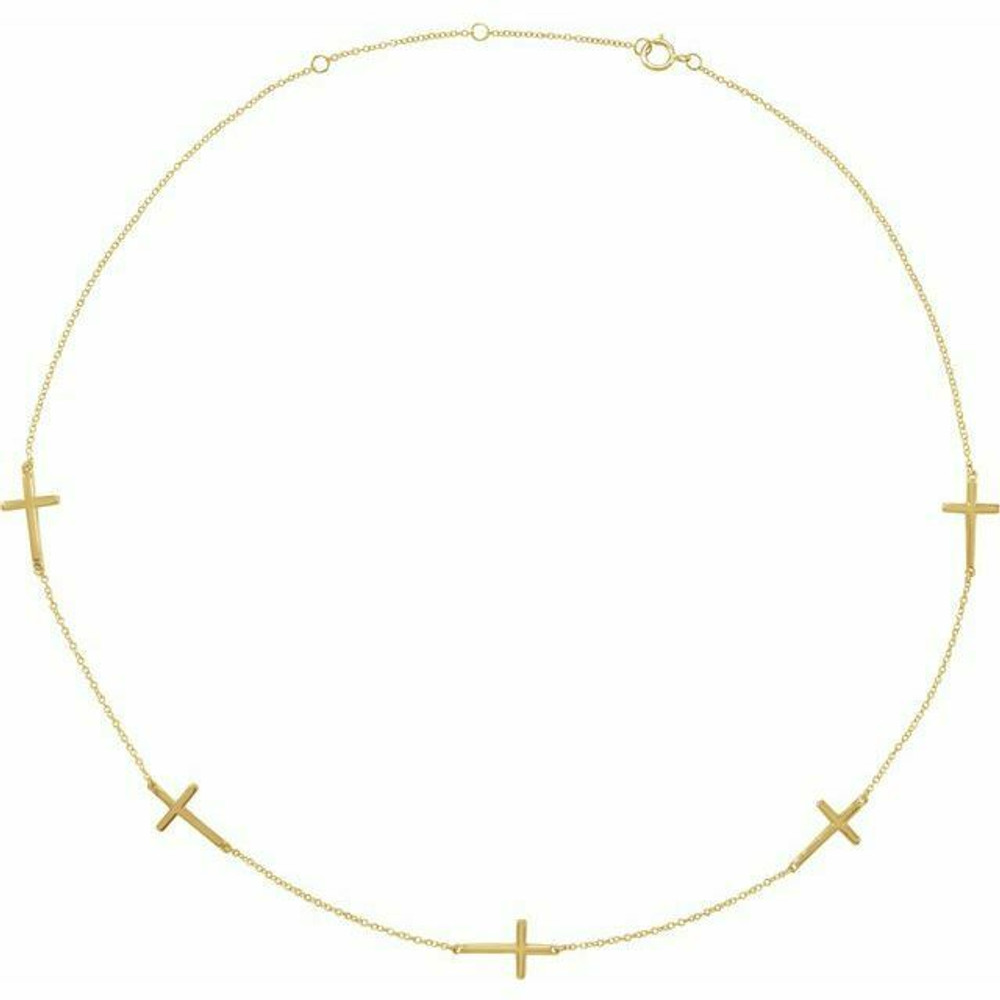 Inspiring and eye-catching, this 5 station cross showcases beautiful 14k yellow gold with a 16-18" adjustable chain. Polished to a brilliant shine.