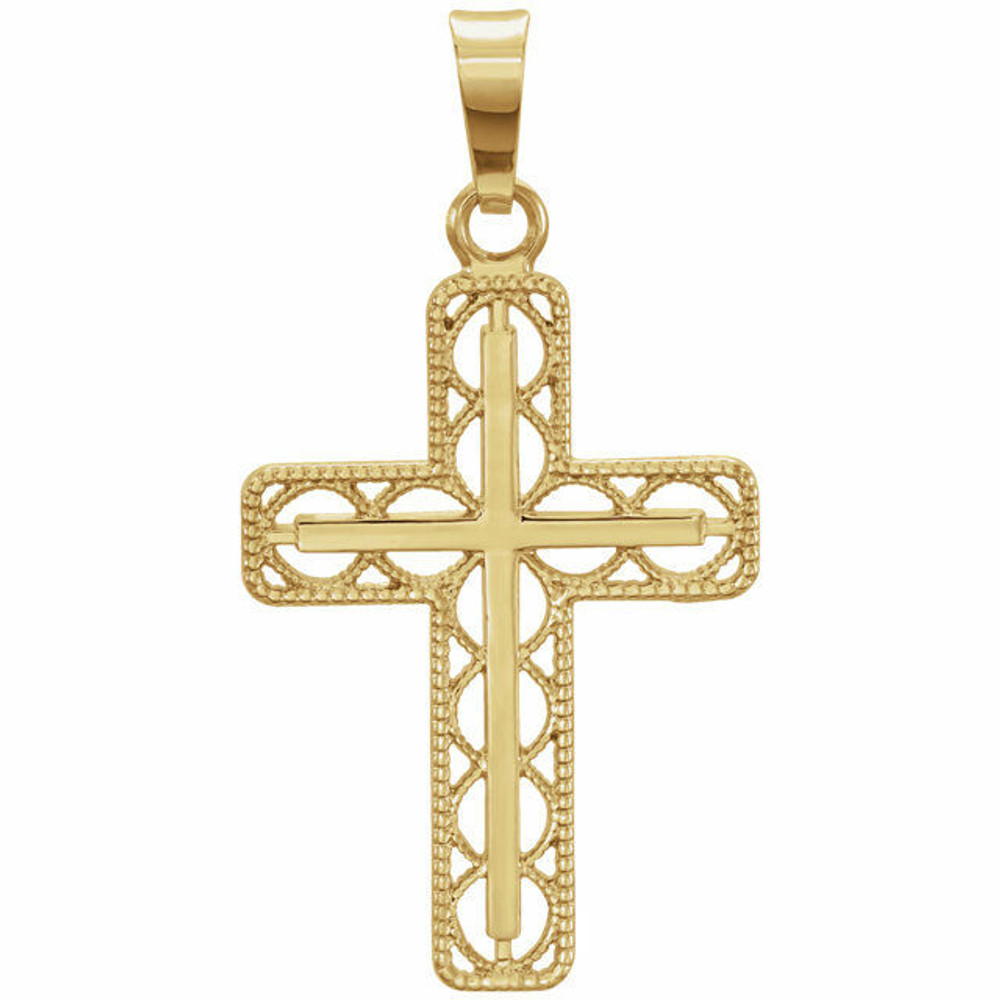 This 14K yellow gold hollow cross pendant has an elegant yet substantial design. Pendant measures 40.00x21.60mm and has a bright polish to shine. 