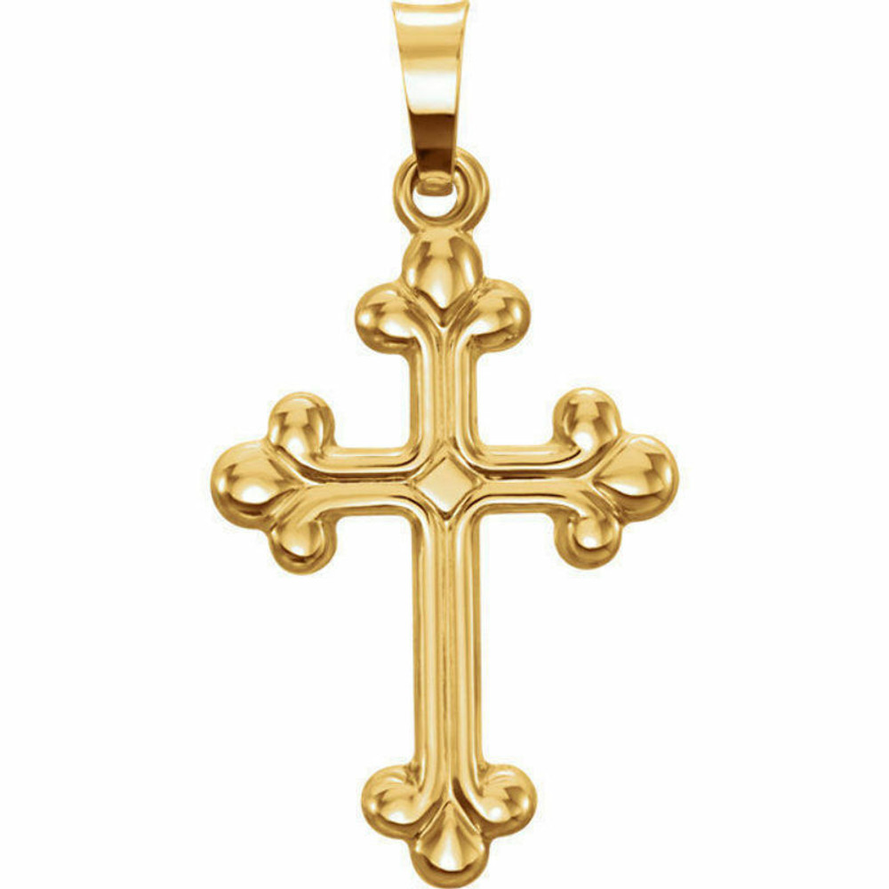 This 14K yellow gold hollow cross pendant has an elegant yet substantial design. Pendant measures 27.00x14.00mm and has a bright polish to shine. 