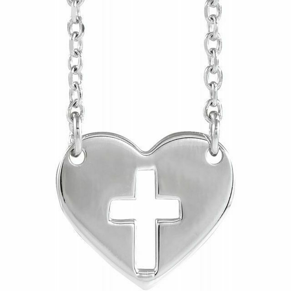 This pierced cross heart 16-18" adjustable necklace has an elegant design in 14K White Gold. Polished to a brilliant shine. 