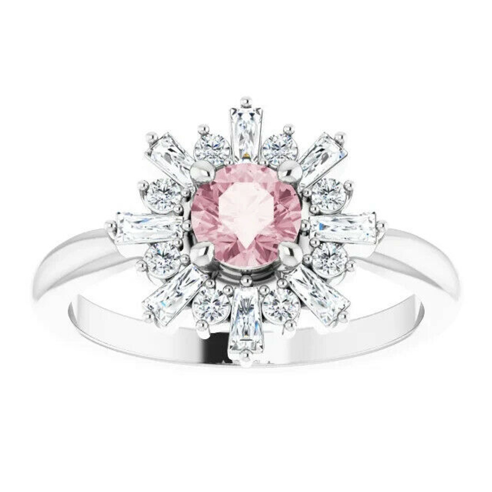 Create a playful look you can wear with anything with this lovely baguette-shaped pink morganite and diamond ring.