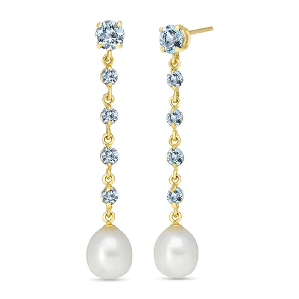 Aquamarine & Cultured Pearl Drop Earrings In 14K Yellow Gold