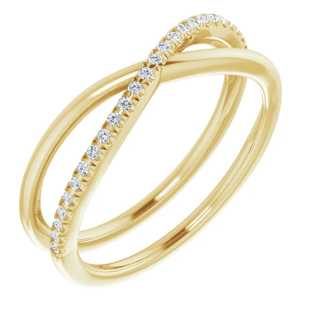 This unique criss-cross diamond ring is marvelously crafted in 14k yellow gold. Diamonds are G-H in color and I1 or better in clarity.

With a unique style for her this diamond cris cross ring are unlike any other. Add this fine jewelry item to your collection today.