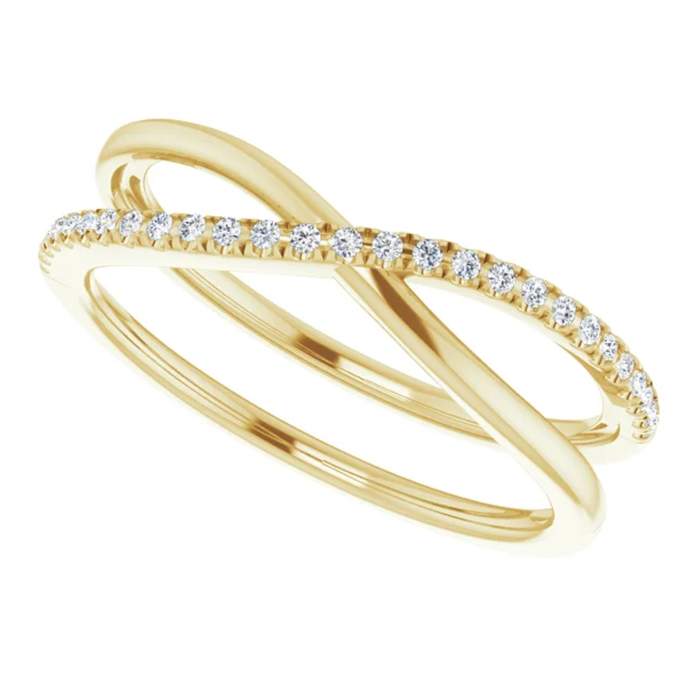 This unique criss-cross diamond ring is marvelously crafted in 14k yellow gold. Diamonds are G-H in color and I1 or better in clarity.

With a unique style for her this diamond cris cross ring are unlike any other. Add this fine jewelry item to your collection today.