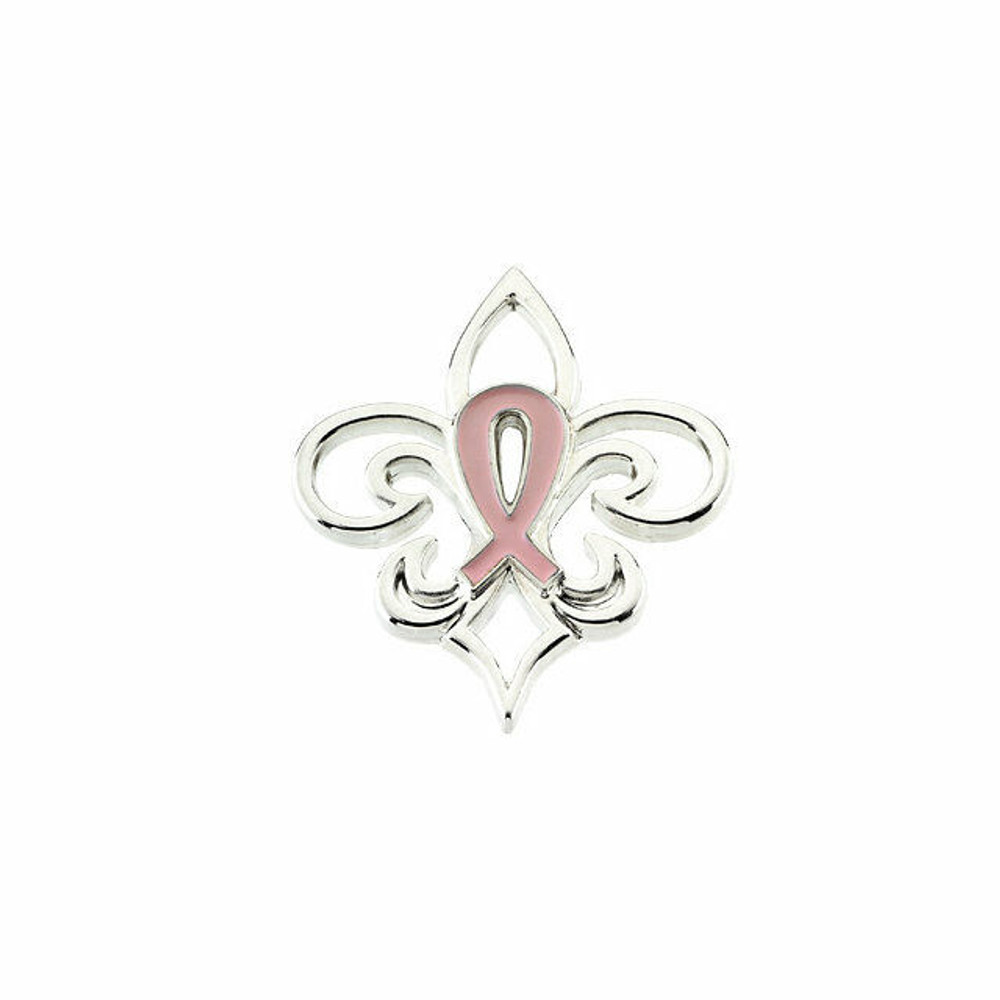 This lovely, Pink Pourri breast cancer awareness lapel pin is crafted from high-polished 14k white gold in a beautiful, fleur-de-lis design. A pink enameled breast cancer awareness symbol adorns the center of the pin. This lapel pin measures approximately 1-1/16" in length and is secured with a nickel-plated tie tack back. 