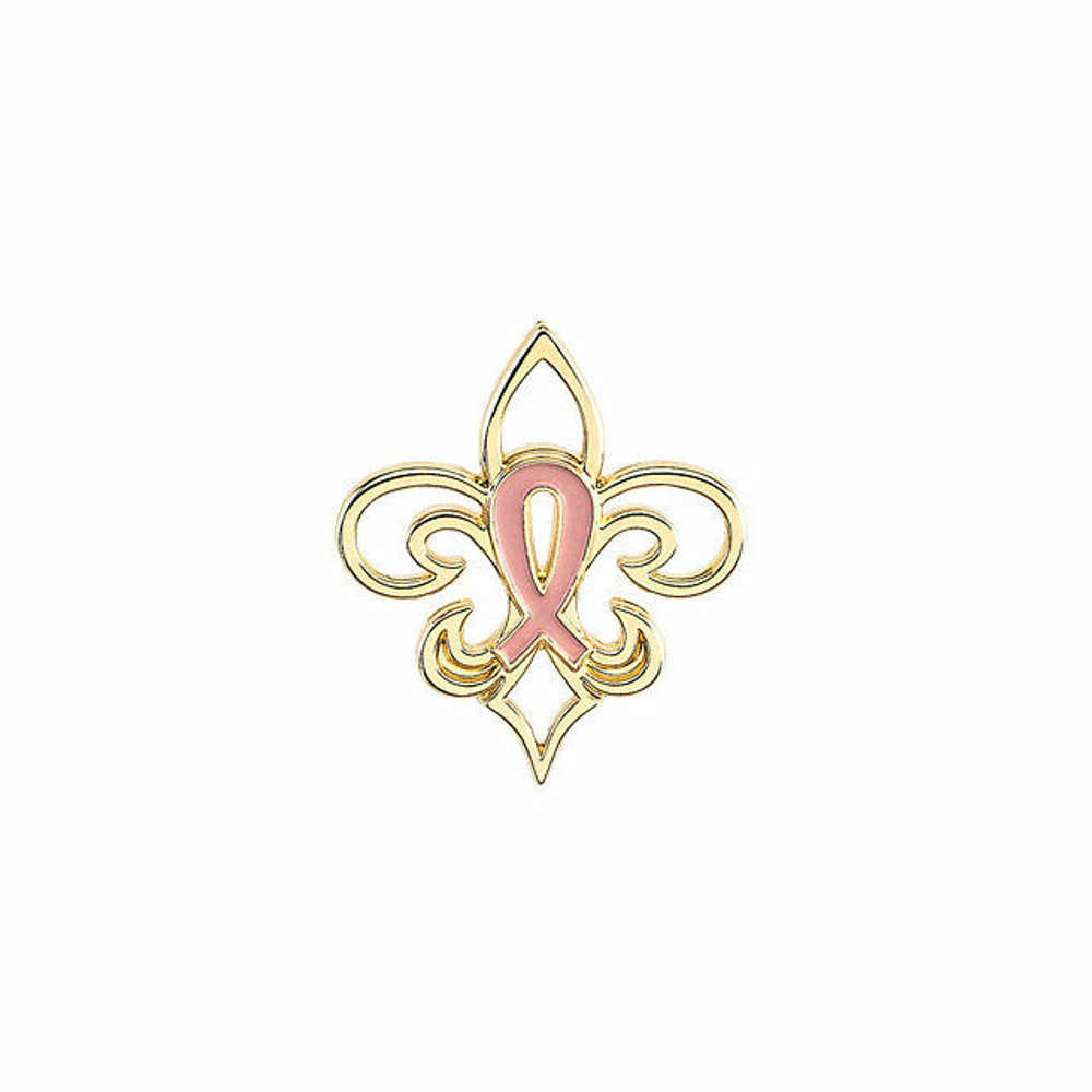 This lovely, Pink Pourri breast cancer awareness lapel pin is crafted from high-polished 14k yellow gold in a beautiful, fleur-de-lis design. A pink enameled breast cancer awareness symbol adorns the center of the pin. This lapel pin measures approximately 1-1/16" in length and is secured with a nickel-plated tie tack back.
