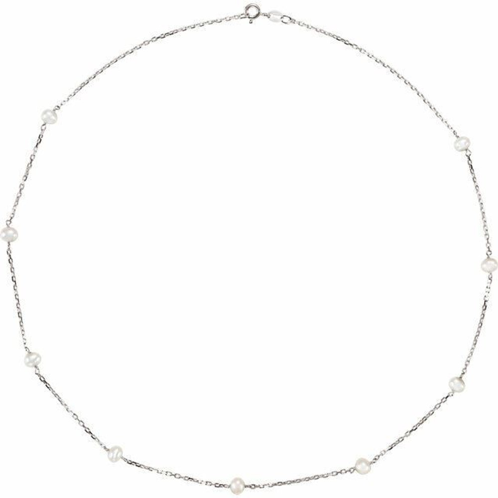 Elevate any attire with this simple yet stunning pearl station 18" necklace. Fashioned in sterling silver, this eye-catching design features 9 luminous 4.0-4.5mm cultured freshwater pearl. Polished to a brilliant shine.