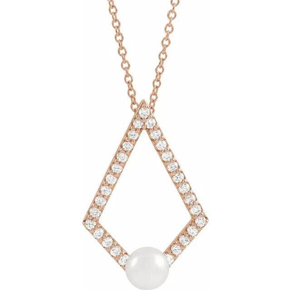 Make a bold and modern fashion statement with this cultured freshwater pearl & Diamond Geometric Pendant Necklace in a geometric-shaped 14k rose gold design showcased by 29 sparkling accent diamonds set off by a singular freshwater cultured freshwater pearl.

Cultured freshwater pearls measure approximately 5mm to 5.5mm in diameter. Diamonds are rated I1 for clarity, G-H for color, with a 0.25 total carat weight. 