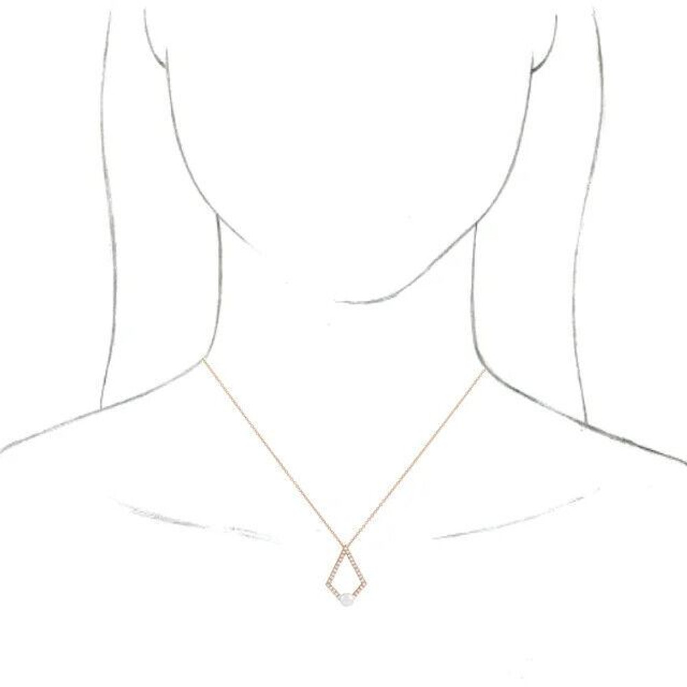 Make a bold and modern fashion statement with this cultured freshwater pearl & Diamond Geometric Pendant Necklace in a geometric-shaped 14k rose gold design showcased by 29 sparkling accent diamonds set off by a singular freshwater cultured freshwater pearl.

Cultured freshwater pearls measure approximately 5mm to 5.5mm in diameter. Diamonds are rated I1 for clarity, G-H for color, with a 0.25 total carat weight. 