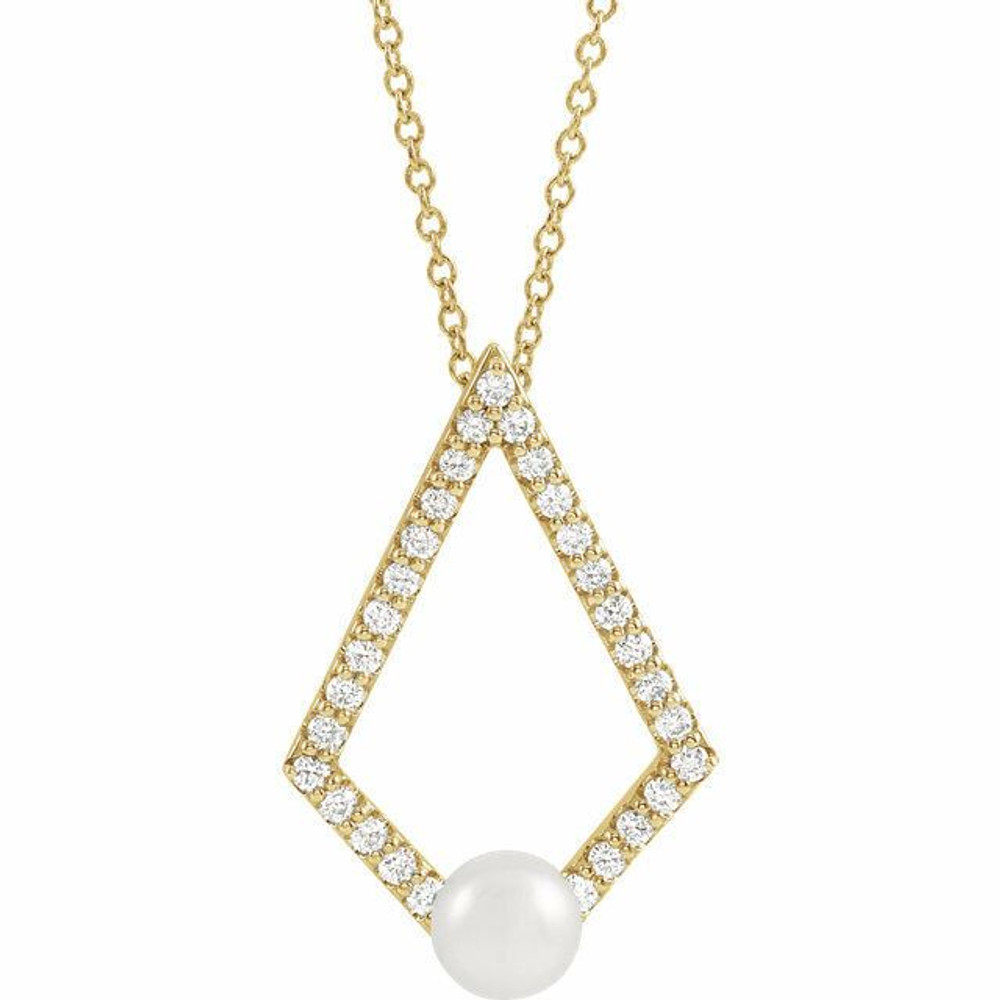 Make a bold and modern fashion statement with this cultured freshwater pearl & Diamond Geo Pendant Necklace in a geometric-shaped 14k yellow gold design showcased by 29 sparkling accent diamonds set off by a singular freshwater cultured freshwater pearl.