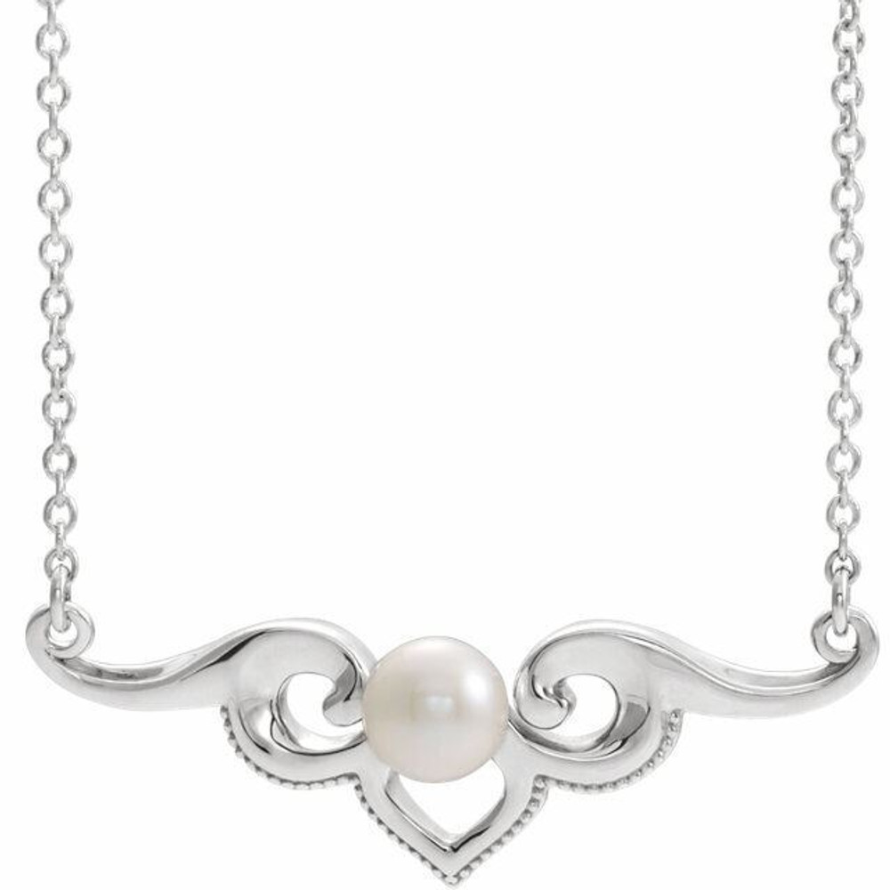 Make a bold and modern fashion statement with this cultured freshwater pearl vintage-inspired bar necklace in Sterling Silver.

Cultured freshwater pearl measure approximately 4.5mm to 5mm in diameter.

This distinctive pendant comes suspended on a Sterling Silver chain in your choice of lengths (16" or 18"), secured with a ring clasp. Just send us a message and let us know if you want a 16 or a 18 inch chain.

The pendant necklace is also available in other metals. 