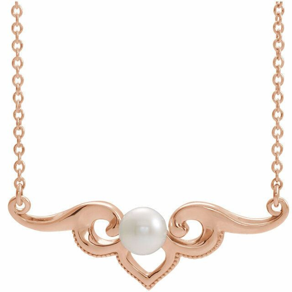 Make a bold and modern fashion statement with this cultured freshwater pearl vintage-inspired bar necklace in 14k rose gold.

Cultured freshwater pearl measure approximately 4.5mm to 5mm in diameter.

This distinctive pendant comes suspended on a 14k rose gold chain in your choice of lengths (16" or 18"), secured with a ring clasp. Just send us a message and let us know if you want a 16 or a 18 inch chain.

The pendant necklace is also available in other metals.