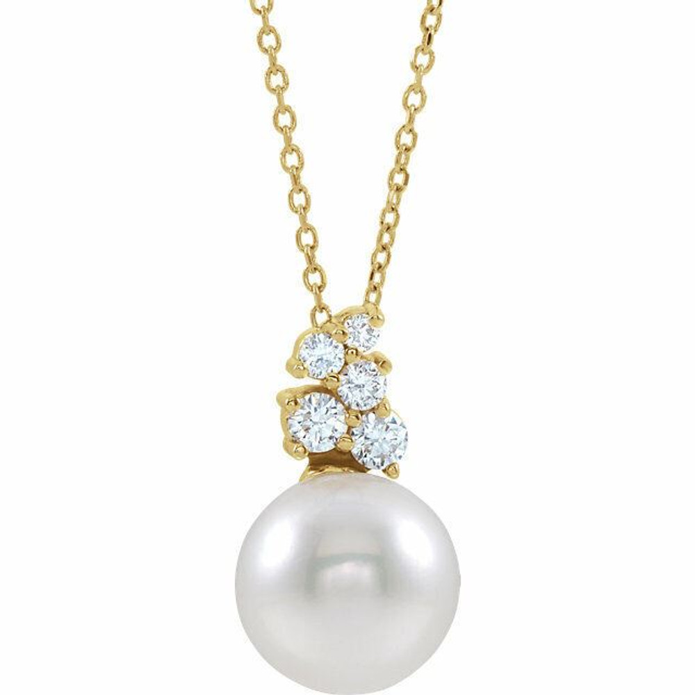 Our highest-quality Freshwater cultured pearl is paired with five brilliant round diamonds and attached to an 14k yellow gold bail. The pair suspend from a delicate 14k yellow gold 16-18" cable chain. Diamonds are G-H in color and I1 or better in clarity. 