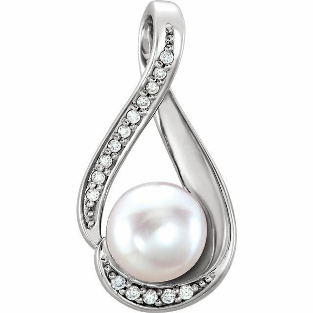 A brilliant look, this pearl fashion pendant transitions perfectly from day into evening. Fashioned in platinum, this clever design features an 6.0-6.5mm cultured freshwater pearl center stone surrounded by shimmering round diamonds. Polished to a brilliant shine.