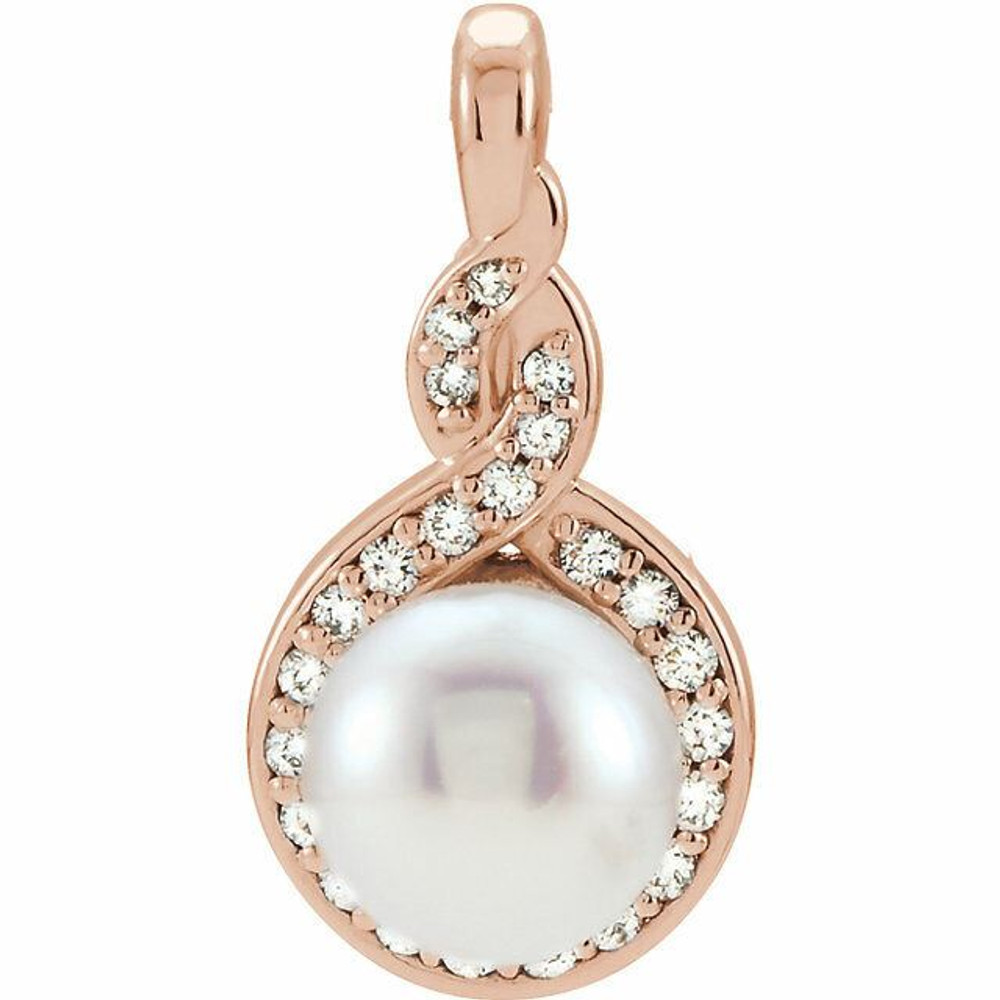 A brilliant look, this pearl fashion pendant transitions perfectly from day into evening. Fashioned in 14k rose gold, this clever design features an 6.0-6.5mm cultured freshwater pearl center stone surrounded by a halo of shimmering diamonds. Polished to a brilliant shine.