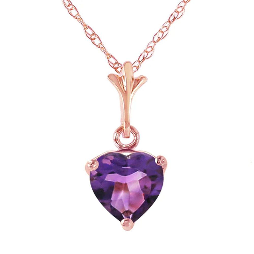 Give her your heart with this fabulous 14k rose gold necklace with natural purple amethyst. This universal symbol of love is the main feature of this simply elegant necklace. An 18 inch rope chain is used to show off the stunning deep purple heart shaped amethyst. The stone, which weighs over one full carat, reflects shine and radiance to make this a stunning necklace that will coordinate beautifully with any outfit. This necklace also makes a great gift for any lady celebrating a birthday in February.