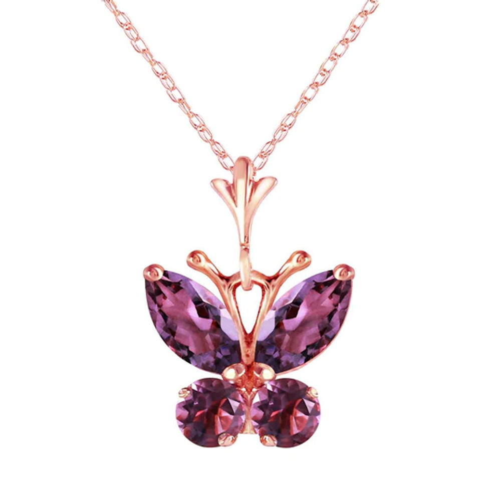 The beauty of butterflies combined with the luscious color of amethyst stones work well together with this 14k rose gold butterfly necklace with purple amethyst. Two marquis shaped natural amethyst stones, along with two round gems add .60 carats of stunning glamor when created in the shape of a feminine butterfly in flight.

Each necklace come with an included 18 inch rope chain that fits the delicate and flirty shape of this necklace. This piece makes a gorgeous addition to any wardrobe, as well as being a wonderfully cute birthstone necklace for February birthday celebrants.