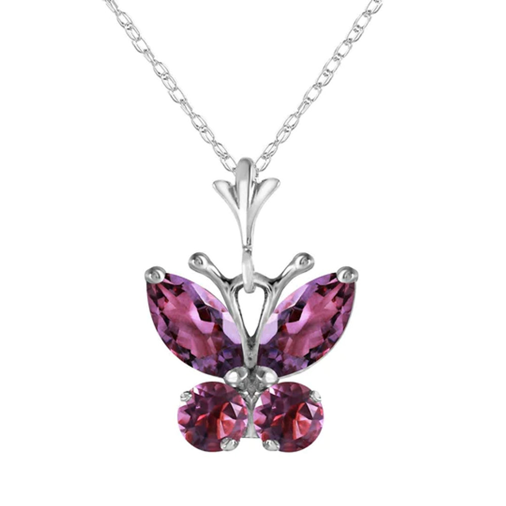 The beauty of butterflies combined with the luscious color of amethyst stones work well together with this 14k white gold butterfly necklace with purple amethyst. Two marquis shaped natural amethyst stones, along with two round gems add .60 carats of stunning glamor when created in the shape of a feminine butterfly in flight.

Each necklace come with an included 18 inch rope chain that fits the delicate and flirty shape of this necklace. This piece makes a gorgeous addition to any wardrobe, as well as being a wonderfully cute birthstone necklace for February birthday celebrants.