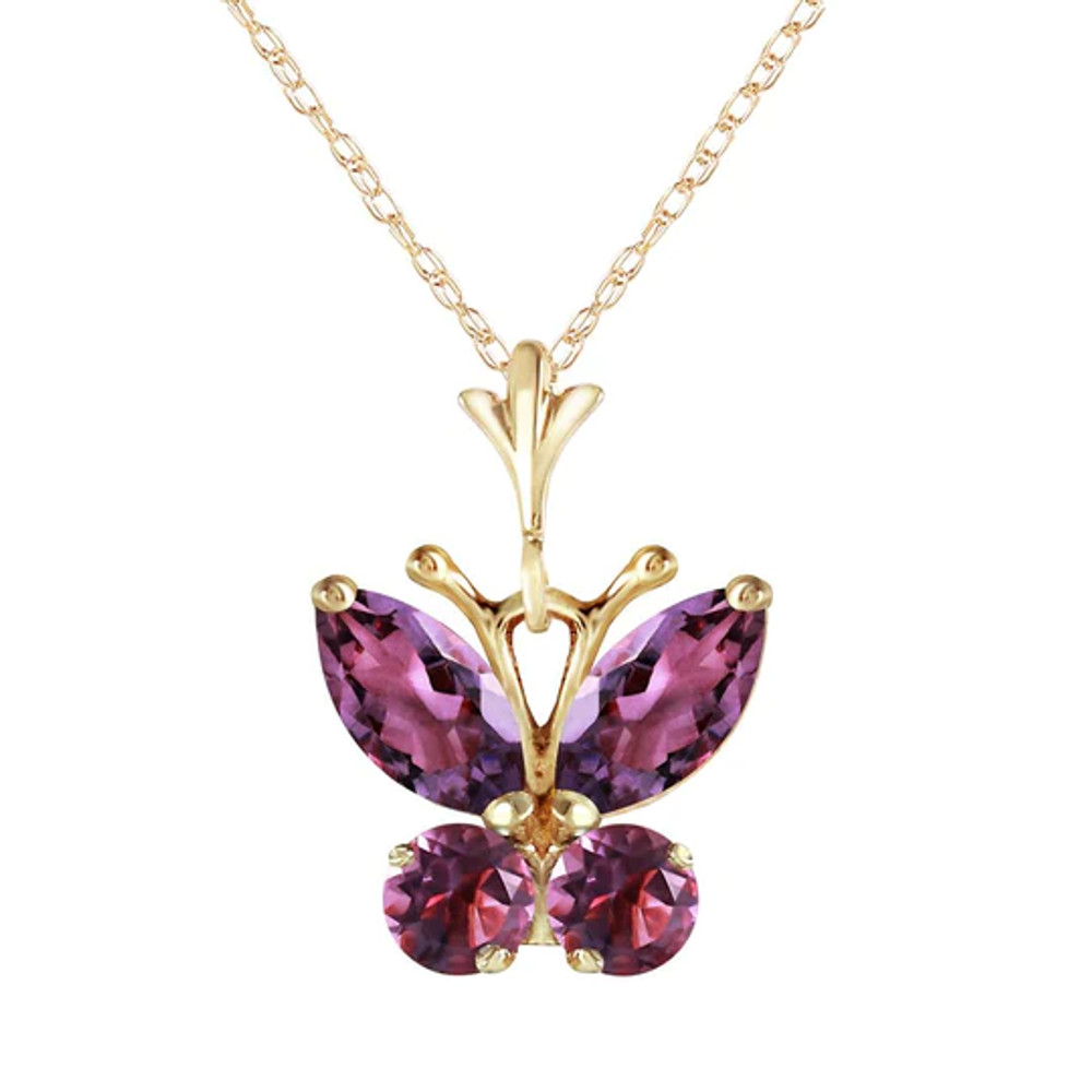 The beauty of butterflies combined with the luscious color of amethyst stones work well together with this 14k solid gold butterfly necklace with purple amethyst. Two marquis shaped natural amethyst stones, along with two round gems add .60 carats of stunning glamor when created in the shape of a feminine butterfly in flight.

Each necklace come with an included 18 inch rope chain that fits the delicate and flirty shape of this necklace. This piece makes a gorgeous addition to any wardrobe, as well as being a wonderfully cute birthstone necklace for February birthday celebrants.
