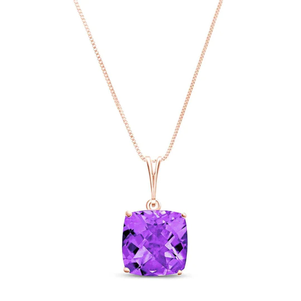 All the other girls will be put to shame when you walk into the room wearing this glimmery beauty. This 14K rose gold Necklace with Natural Checkerboard Cut Purple Amethyst is all you need to turn every head in your direction. This amazing necklace is made with a 3.60 carat cushion shaped Amethyst stone.

This semiprecious jewel has been faceted with a distinctive and highly reflective checkerboard cut that you are sure to love. It comes with a nice 18 inch gold box chain. The pendant itself is 19.3mm in height, which is sure to get you noticed whenever you wear it.