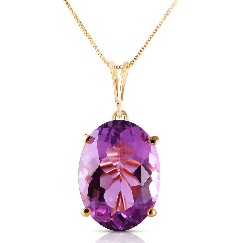 A traditional solitaire pendant featuring a birthstone is a beautiful gift, either for yourself or someone else. Celebrate a February birthday with this fabulous 14k solid gold necklace with oval purple amethyst. This sleek and beautiful necklace keeps things simple by showing off the stunning purple glow of amethyst.

The oval shaped stone measures in at a whopping 7.55 carats, showcasing the true beauty of this amazing stone. The 18 inch box chain is delicate enough to leave the spotlight on this sparkling stone, while also adding the rich luxury of solid 14k gold, available in yellow, white, or rose gold.