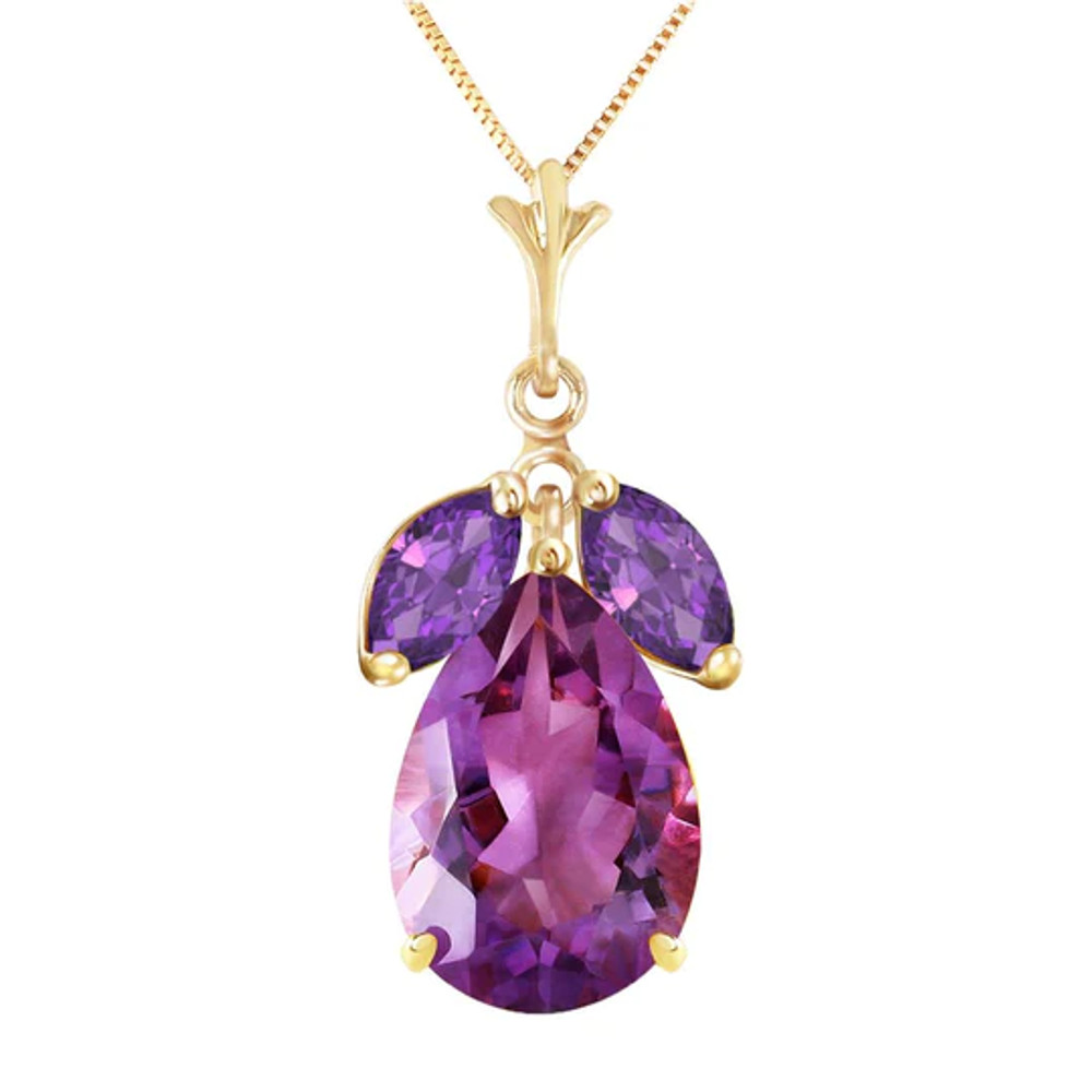 This 14k solid gold necklace with natural amethysts is pretty enough for any queen in your life. The royal color of purple is showcased brilliantly on this piece, which features three stones to throw off lots of color and light. One pear cut amethyst glows with six full carats of amazing beauty.

Two additional marquis shaped stones do an excellent job of enhancing the stone while adding another one half carat of pure bliss. The box chain included hangs at 18 inches long and is available in your choice of solid 14k yellow, white, or rose gold.
