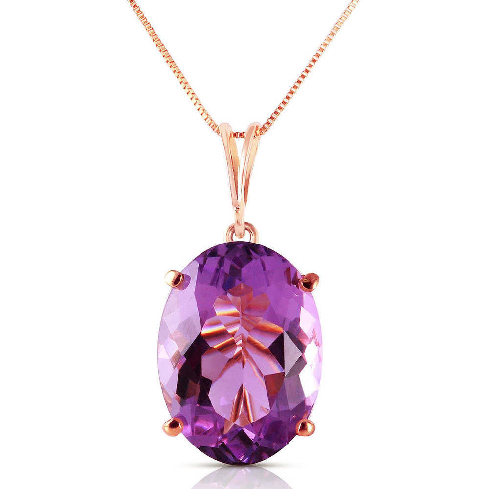 A traditional solitaire pendant featuring a birthstone is a beautiful gift, either for yourself or someone else. Celebrate a February birthday with this fabulous 14k rose gold necklace with oval purple amethyst. This sleek and beautiful necklace keeps things simple by showing off the stunning purple glow of amethyst.

The oval shaped stone measures in at a whopping 7.55 carats, showcasing the true beauty of this amazing stone. The 18 inch box chain is delicate enough to leave the spotlight on this sparkling stone, while also adding the rich luxury of solid 14k gold, available in yellow, white, or rose gold.