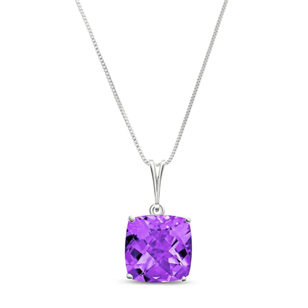 All the other girls will be put to shame when you walk into the room wearing this glimmery beauty. This 14K white gold Necklace with Natural Checkerboard Cut Purple Amethyst is all you need to turn every head in your direction. This amazing necklace is made with a 3.60 carat cushion shaped Amethyst stone.

This semiprecious jewel has been faceted with a distinctive and highly reflective checkerboard cut that you are sure to love. It comes with a nice 18 inch gold box chain. The pendant itself is 19.3mm in height, which is sure to get you noticed whenever you wear it.