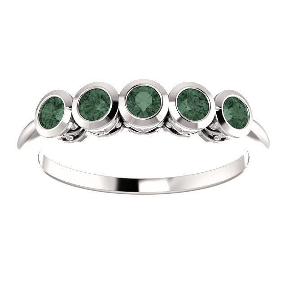 Crafted in sterling silver, this ring features 5, round, alexandrite gemstones.