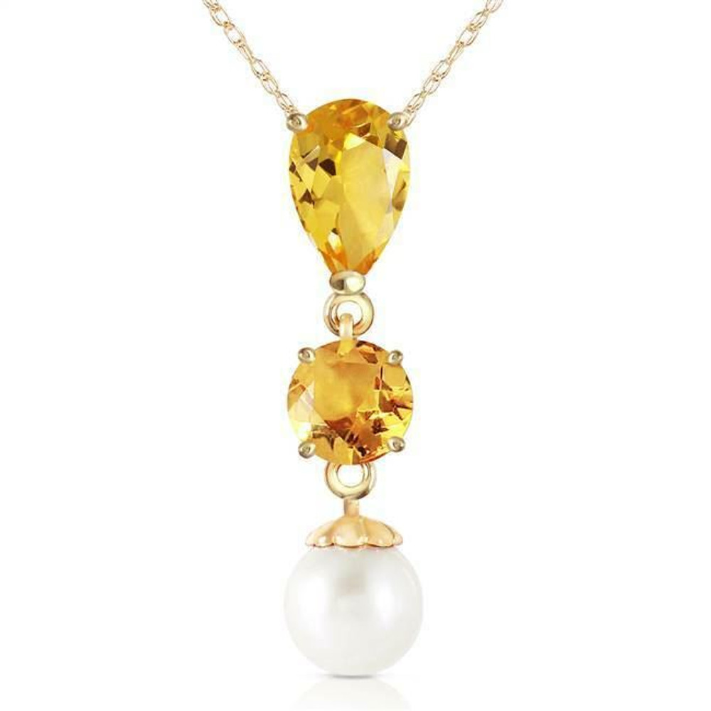  The citrine gemstone is loved for its unique color. When combined with pure white natural pearls, the color and brilliance stands out even more for a classy and elegant look. This is achieved perfectly with this 14k solid gold necklace with citrine and pearls. An 18 inch double rope chain made of solid gold holds a 2.5 carat pearl and two citrine stones weighing 2.75 carats for flash and shine. This necklace personifies subtle elegance and is sure to make any woman smile.
