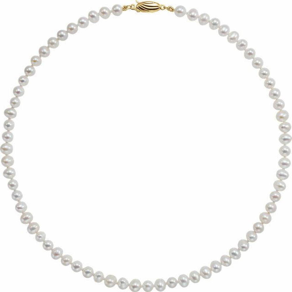 Our classic pearl strand features nearly round freshwater cultured pearls strung on a hand-knotted silk cord. This 16" strand is secured with a 14k yellow gold safety clasp. 