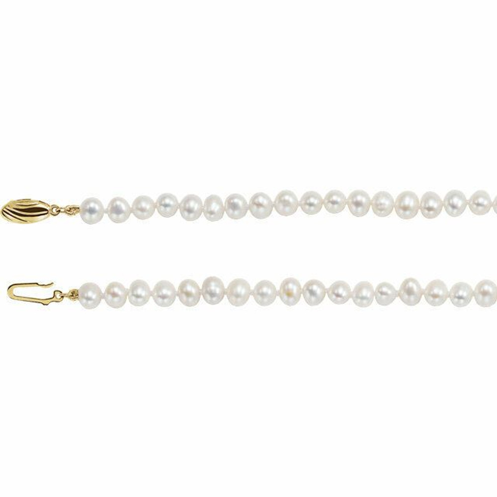 Our classic pearl strand features nearly round freshwater cultured pearls strung on a hand-knotted silk cord. This 16" strand is secured with a 14k yellow gold safety clasp. 