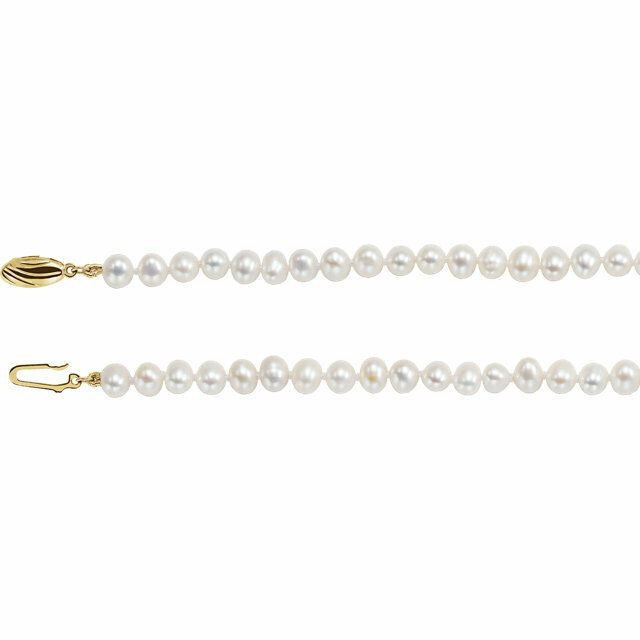 Our classic pearl strand features nearly round freshwater cultured pearls strung on a hand-knotted silk cord. This 16" strand is secured with a 14k yellow gold safety clasp.