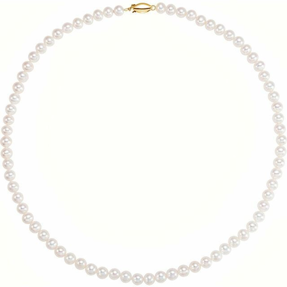 Our classic pearl strand features nearly 6.5 to 7.5mm round freshwater cultured pearls strung on a hand-knotted silk cord. This 18" strand is secured with a 14k yellow gold safety clasp. 