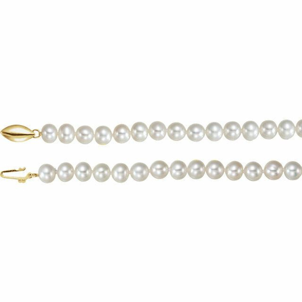 Our classic pearl strand features nearly 6.5 to 7.5mm round freshwater cultured pearls strung on a hand-knotted silk cord. This 18" strand is secured with a 14k yellow gold safety clasp.