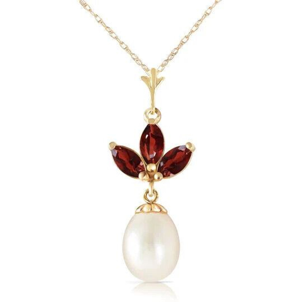 This brilliant 14k yellow gold necklace with Pearl & Garnets radiates brightly from the center of your neck. Three garnet stones are situated so they resemble a beautiful bundle of stones. Hanging below the garnets is a striking pearl. The garnets themselves are 0.75 carats, and the pearl is 4.0 carats total.

This necklace comes with a fine 0.68 inch thickness double-link rope chain. All gold components of this chain are available in yellow, white or rose gold. This necklace is as elegant as they come, and would make a perfect gift for someone special. It flatters all, and will make any woman delighted to have it.