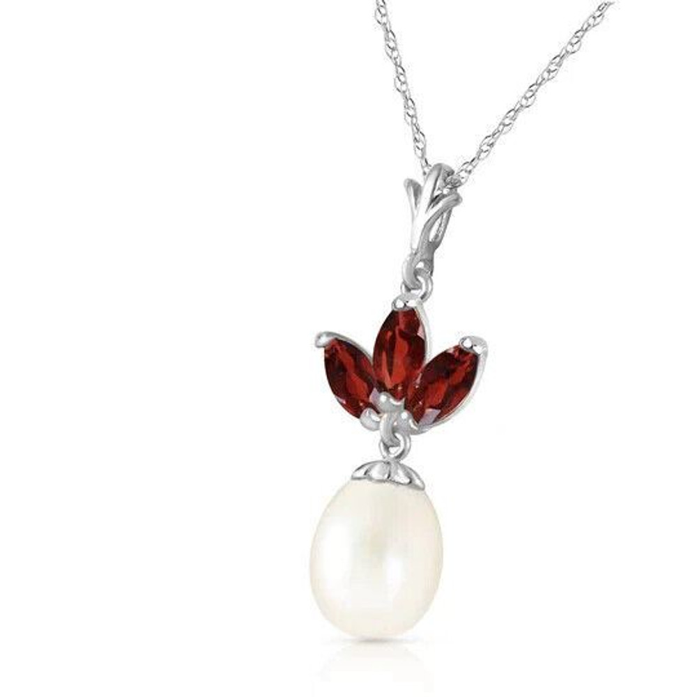 This brilliant 14k white gold necklace with Pearl & Garnets radiates brightly from the center of your neck. Three garnet stones are situated so they resemble a beautiful bundle of stones. Hanging below the garnets is a striking pearl. The garnets themselves are 0.75 carats, and the pearl is 4.0 carats total.

This necklace comes with a fine 0.68 inch thickness double-link rope chain. All gold components of this chain are available in yellow, white or rose gold. This necklace is as elegant as they come, and would make a perfect gift for someone special. It flatters all, and will make any woman delighted to have it.