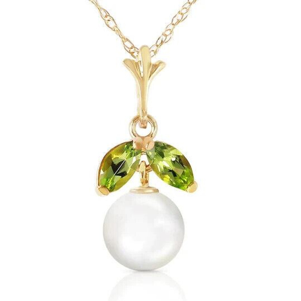 Nature and fantasy come together in this demure 14k yellow gold necklace with natural pearl & peridot. This truly unique piece seems straight from the fairy gardens of our wildest dreams. It features a two carat round Pearl and detail jewels of two marquis shaped .20 carat Peridot gemstones.

The Pearl hangs almost as a fantastical gemstone fruit, and the peridots seem almost to be dewy leaves. It comes with a 14k yellow gold 18 inch long double link rope chain. This necklace is for the dainty among us, and for those who appreciate things of sheer fantasy and perky elegance.