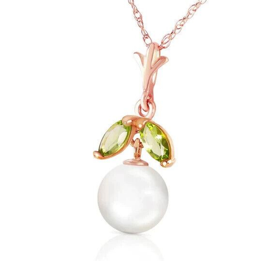 Nature and fantasy come together in this demure 14k rose gold necklace with natural pearl & peridot. This truly unique piece seems straight from the fairy gardens of our wildest dreams. It features a two carat round Pearl and detail jewels of two marquis shaped .20 carat Peridot gemstones.

The Pearl hangs almost as a fantastical gemstone fruit, and the peridots seem almost to be dewy leaves. It comes with a 14k rose gold 18 inch long double link rope chain. This necklace is for the dainty among us, and for those who appreciate things of sheer fantasy and perky elegance.