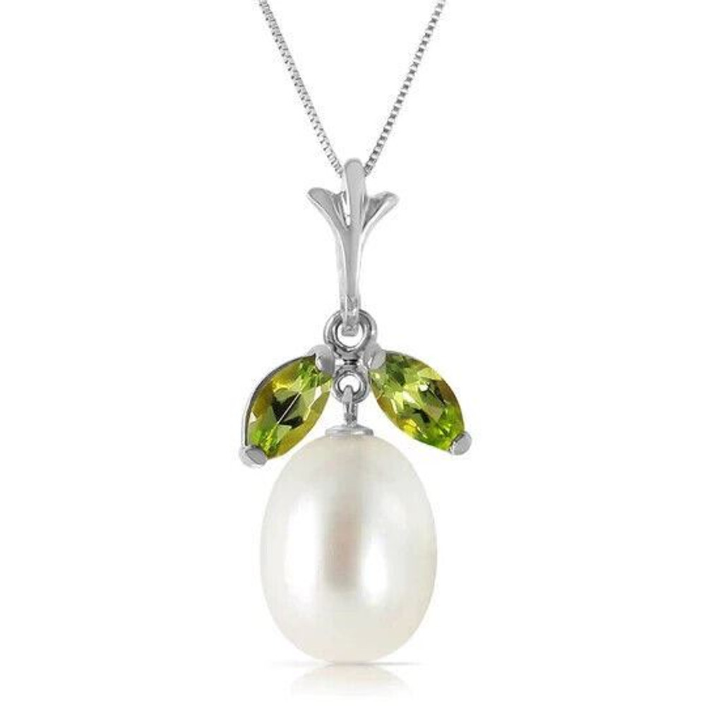 The only problem the 14k white gold necklace with natural pearl and peridot presents is whether to wear the peridot as a spring green or a winter holiday color -- and the answer is to wear it for both. The central pearl shines out from beneath the two marquis-cut peridots with its natural luminescence. Pearl goes with everything, and the olive green of the peridot is surprising neutral, too.

With its semiprecious gemstones, the 14k white gold necklace with natural pearl and peridot is dressy enough to wear for special occasions, but its gorgeous coloring will tempt you into also clasping it on for everyday use. 