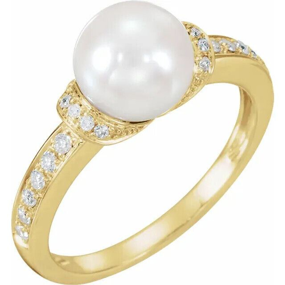 Marvel her with the details of this gorgeous freshwater cultured pearl and diamond ring. Diamonds are G-H in color and I1 or better in clarity. Polished to a brilliant shine.