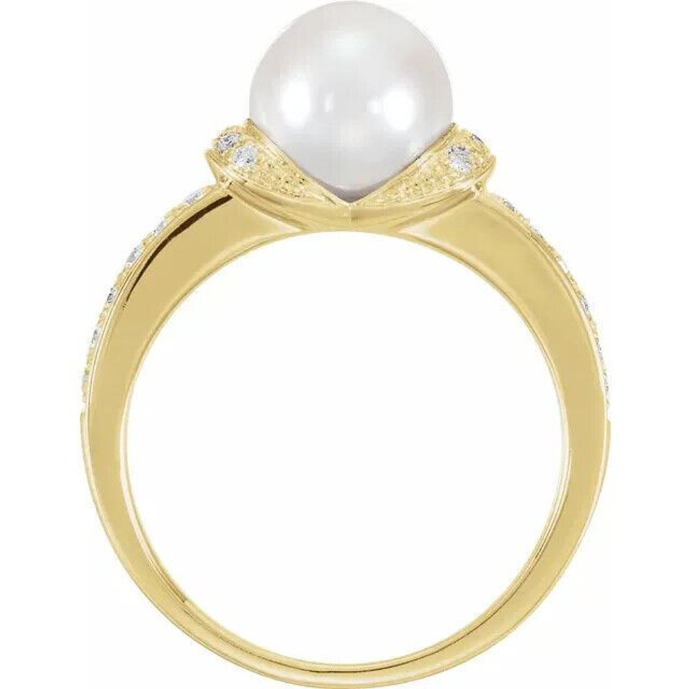 Marvel her with the details of this gorgeous freshwater cultured pearl and diamond ring. Diamonds are G-H in color and I1 or better in clarity. Polished to a brilliant shine.