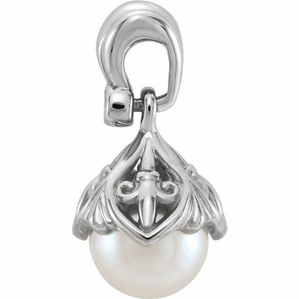 Delicate in design, this pearl and diamond Fleur-de-lis pendant features a freshwater cultured pearl paired with a brilliant round diamond. The pendant is crafted with a 14k white gold bail and polished to a brilliant shine.