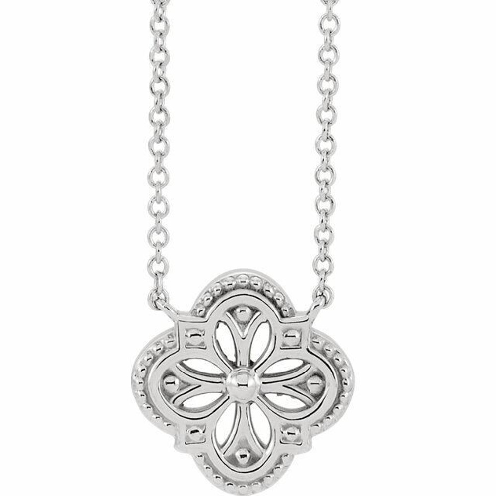 Styled in lustrous 14k white gold, the pendant sways from a 18-inch cable chain secured with a spring ring clasp. 