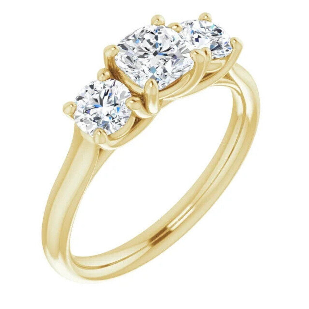 This stunning Forever One™ Moissanite Three-Stone Engagement Ring is crafted in 14K yellow gold and features a 5.0mm center stone flanked by two 4.0mm side stones.